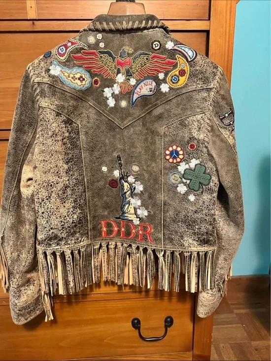 Rare Double D Ranch leather fringe jacket embroidered statue of Liberty eagle M - Picture 8 of 16